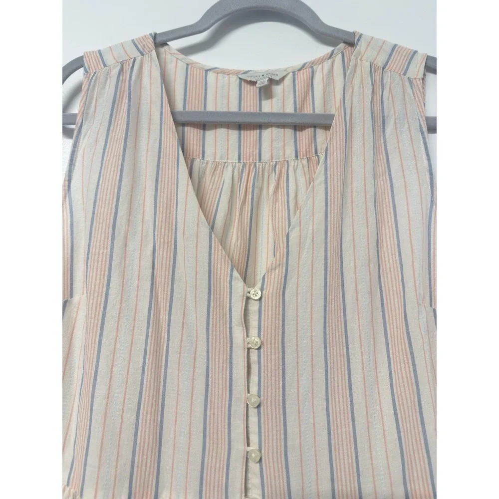 Lucky Brand Pastel Stripe Midi Dress Tiered Womens 1X Cottage Core Button‎ #38